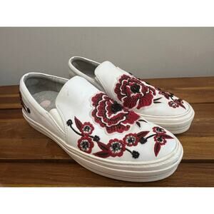Nine West Leather Sneakers White Floral Embroidered Slip-On Shoes Women’s 7.5